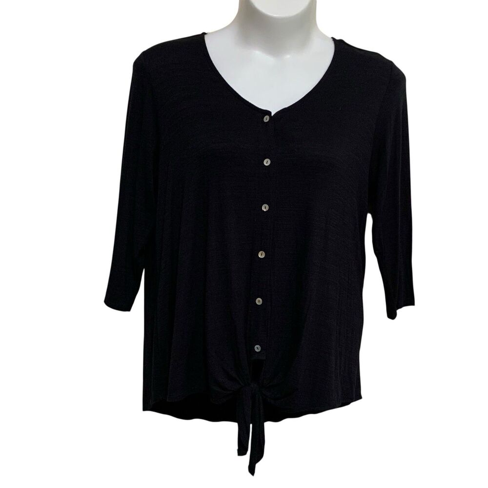 Kim & Cami Top Womens 1X Black V-Neck Tie Front Button-Up 3/4 Sleeve Knit Tee